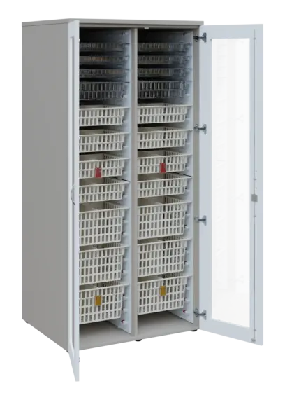 EUROMEDICA S - 90 skříň léková boxová, 2-dveřová/prosklená, 1950x900x735, korpus šedý, dvířka bílá